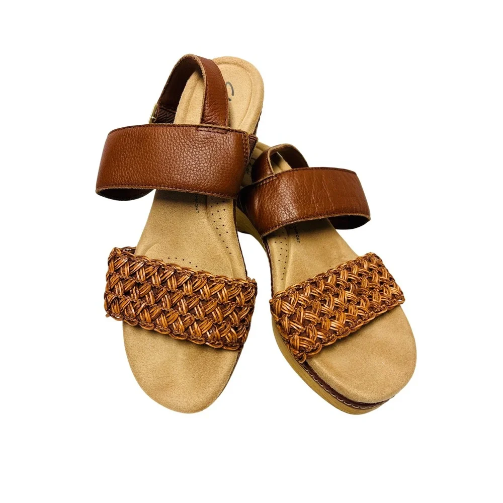 Clarks Wedge Sandals 8.5W Brown Leather Woven Ultimate Comfort Boho Platform